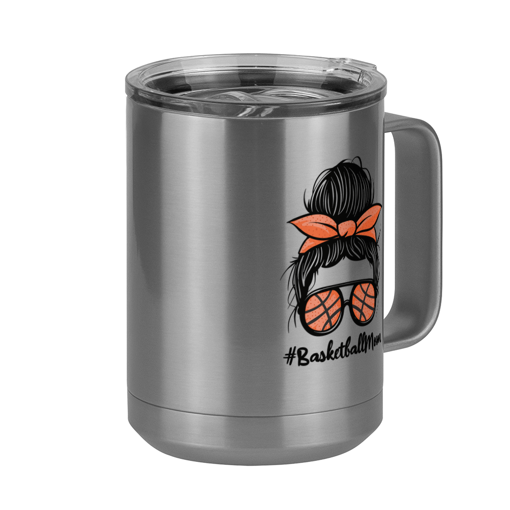 Personalized Messy Bun Coffee Mug Tumbler with Handle (15 oz) - Basketball Mom with Photo Upload - Front Right View