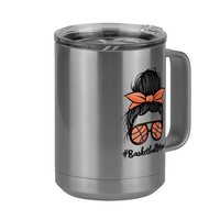 Thumbnail for Personalized Messy Bun Coffee Mug Tumbler with Handle (15 oz) - Basketball Mom with Photo Upload - Front Right View