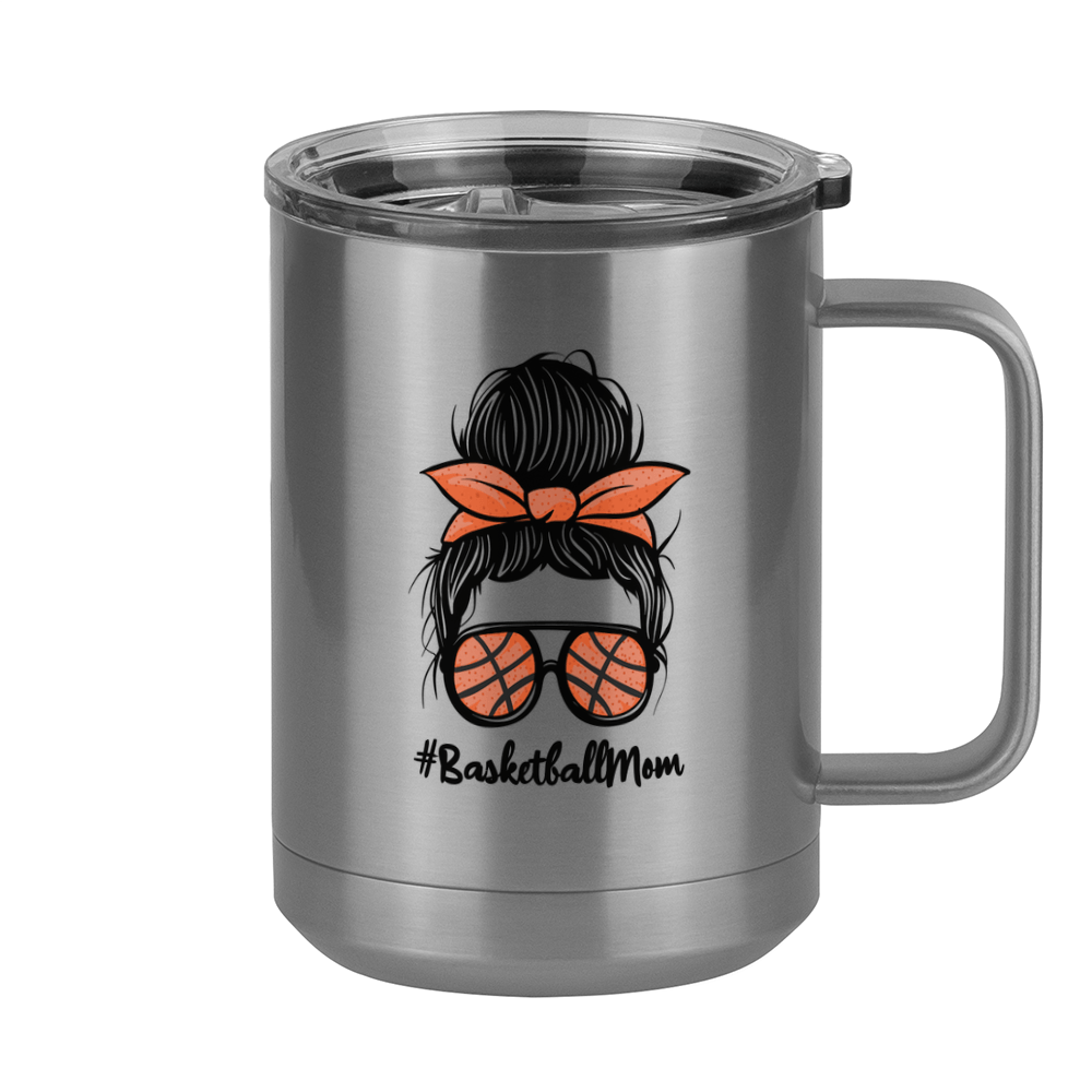 Personalized Messy Bun Coffee Mug Tumbler with Handle (15 oz) - Basketball Mom with Photo Upload - Right View